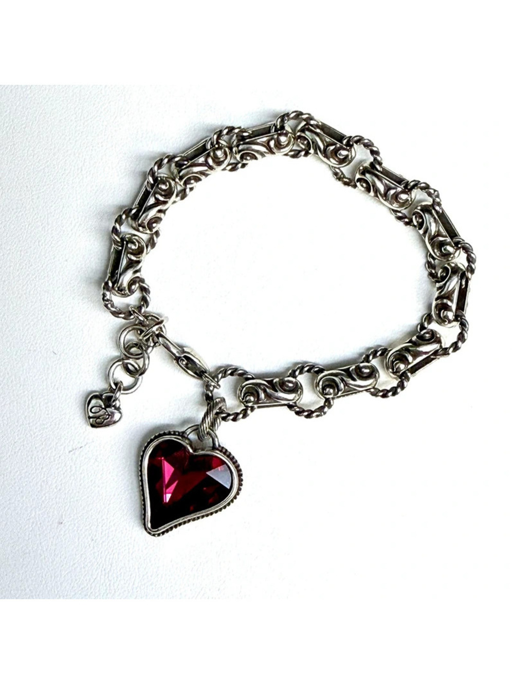 Rare Brighton Vintage Silver Red Swarovski Crystal Bibi Heart Charm Bracelet